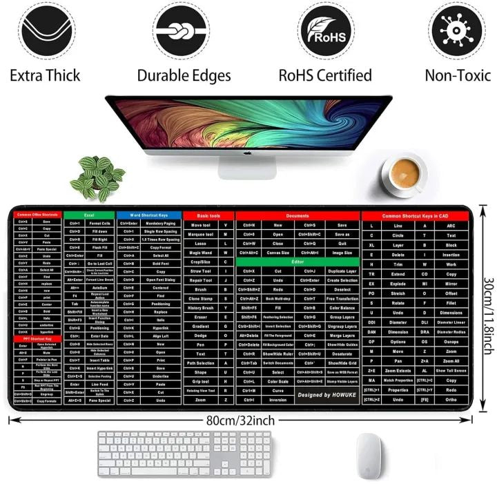 Keyboard Shortcut Mouse Pad – Large Anti-Slip Desk Mat with Excel/Word/PPT Shortcut Cheat Sheet