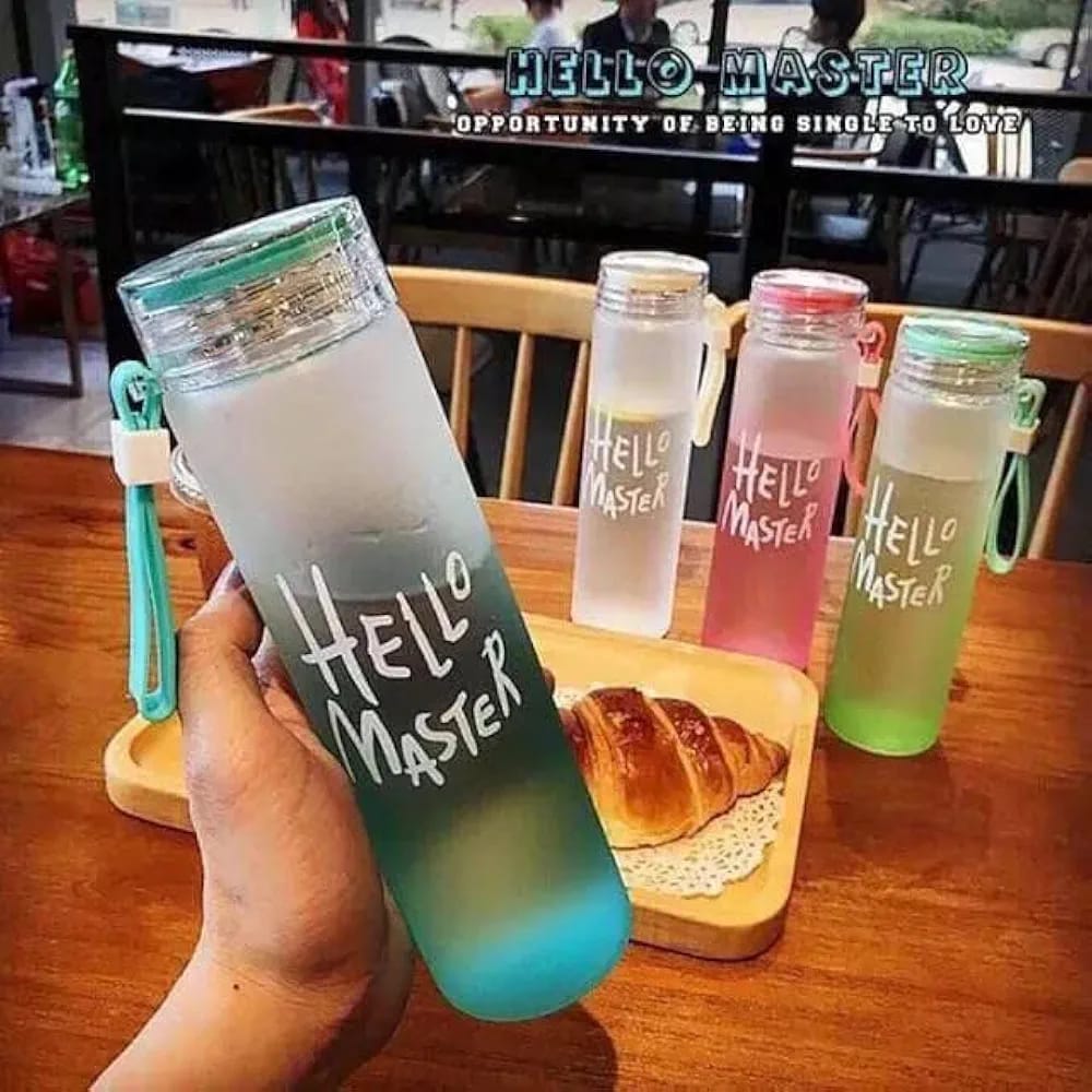 Frosted Glass Water Bottle 400ml – “Hello Master” Cute Portable Bottle with Leak-Proof Lid for Travel, Office & Gym