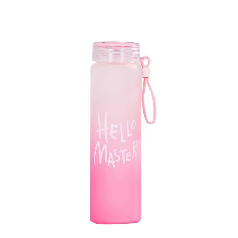 Frosted Glass Water Bottle 400ml – “Hello Master” Cute Portable Bottle with Leak-Proof Lid for Travel, Office & Gym