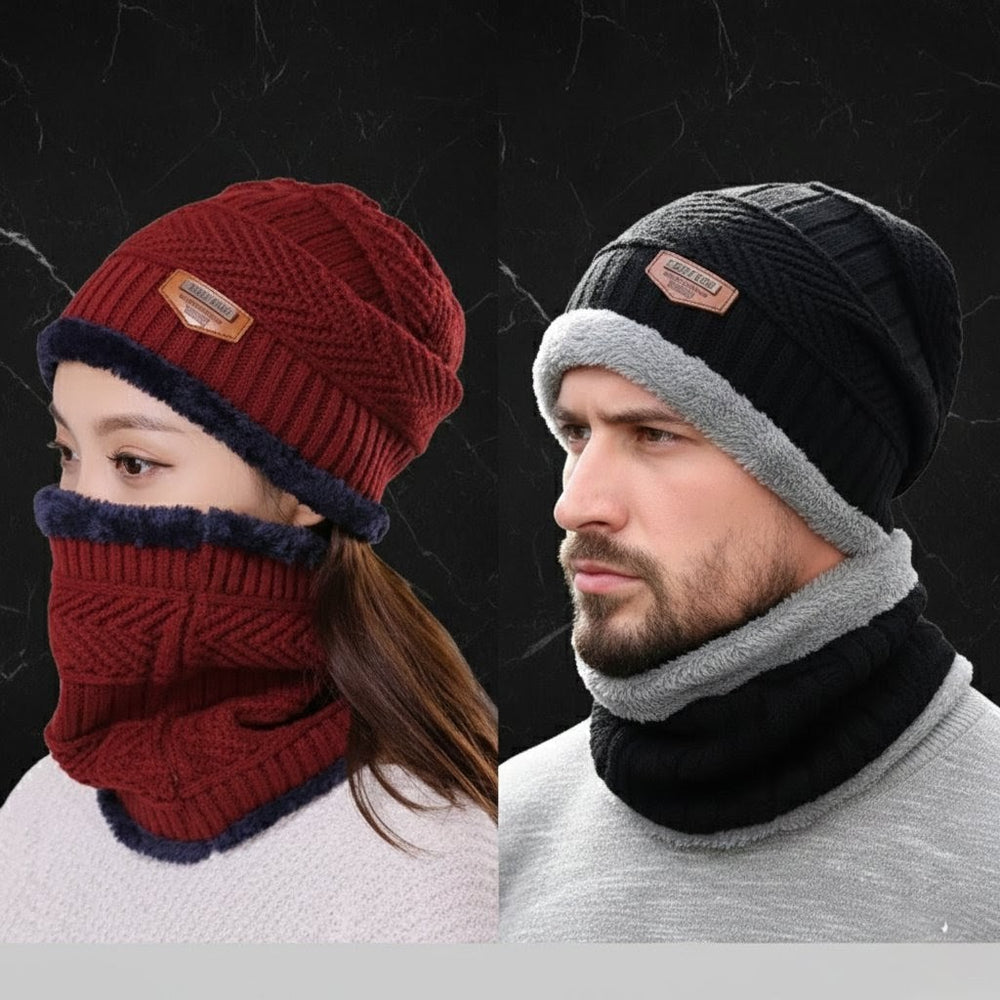 2PC Winter Cap & Neck Warmer Scarf Set – Fleece Lined Unisex Knit Skull Cap