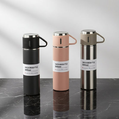 3-Cup 500ml Double-Layer Stainless Steel Vacuum Flask Set – Thermal Bottle with Portable Cups for Hot & Cold Drinks (Random Color)