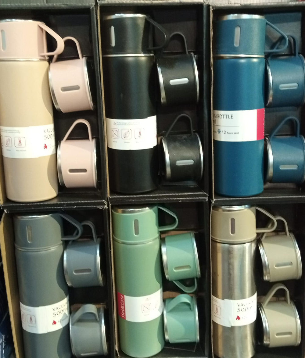 3-Cup 500ml Double-Layer Stainless Steel Vacuum Flask Set – Thermal Bottle with Portable Cups for Hot & Cold Drinks (Random Color)