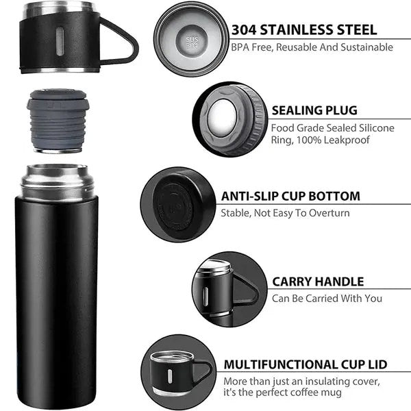 3-Cup 500ml Double-Layer Stainless Steel Vacuum Flask Set – Thermal Bottle with Portable Cups for Hot & Cold Drinks (Random Color)