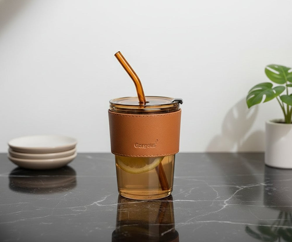 Juice Cup with Straw – 450ml Glass Material Drinking Cup