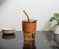 Juice Cup with Straw – 450ml Glass Material Drinking Cup
