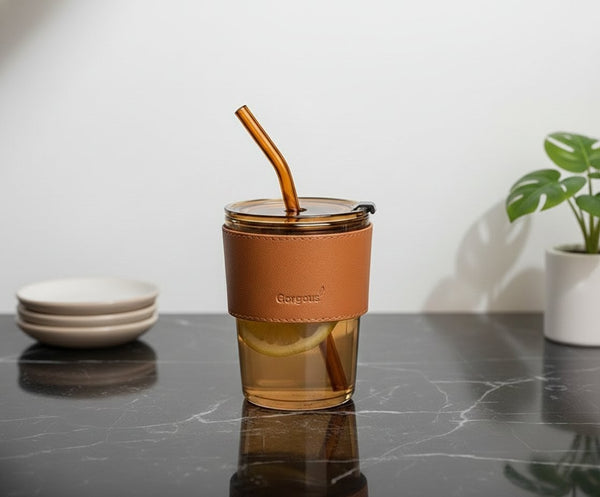 Juice Cup with Straw – 450ml Glass Material Drinking Cup