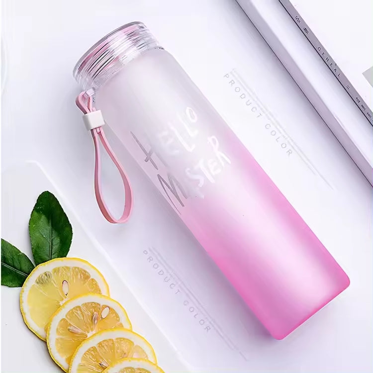 Frosted Glass Water Bottle 400ml – “Hello Master” Cute Portable Bottle with Leak-Proof Lid for Travel, Office & Gym
