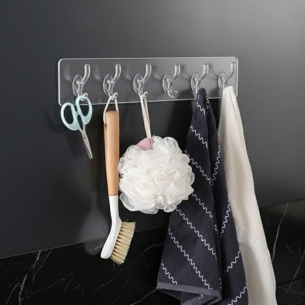 6 hooks Transparent Self-Adhesive Hooks – Wall & Door Hangers for Kitchen & Bathroom