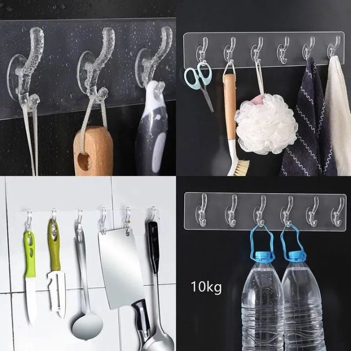 6 hooks Transparent Self-Adhesive Hooks – Wall & Door Hangers for Kitchen & Bathroom