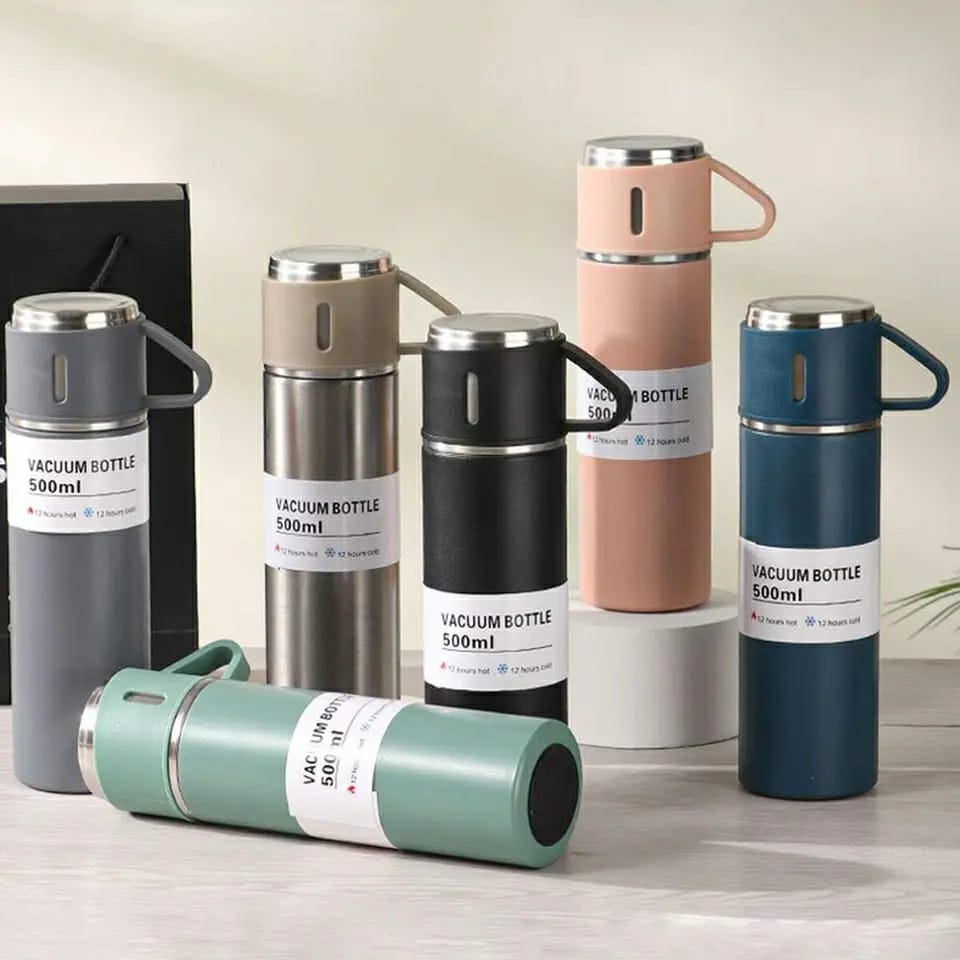 3-Cup 500ml Double-Layer Stainless Steel Vacuum Flask Set – Thermal Bottle with Portable Cups for Hot & Cold Drinks (Random Color)