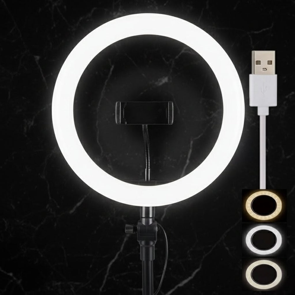 26CM LED Selfie Ring Light With Mobile Holder – 3-Color Modes & Dimmable Brightness
