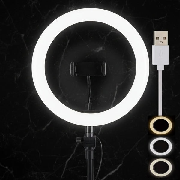 26CM LED Selfie Ring Light With Mobile Holder – 3-Color Modes & Dimmable Brightness