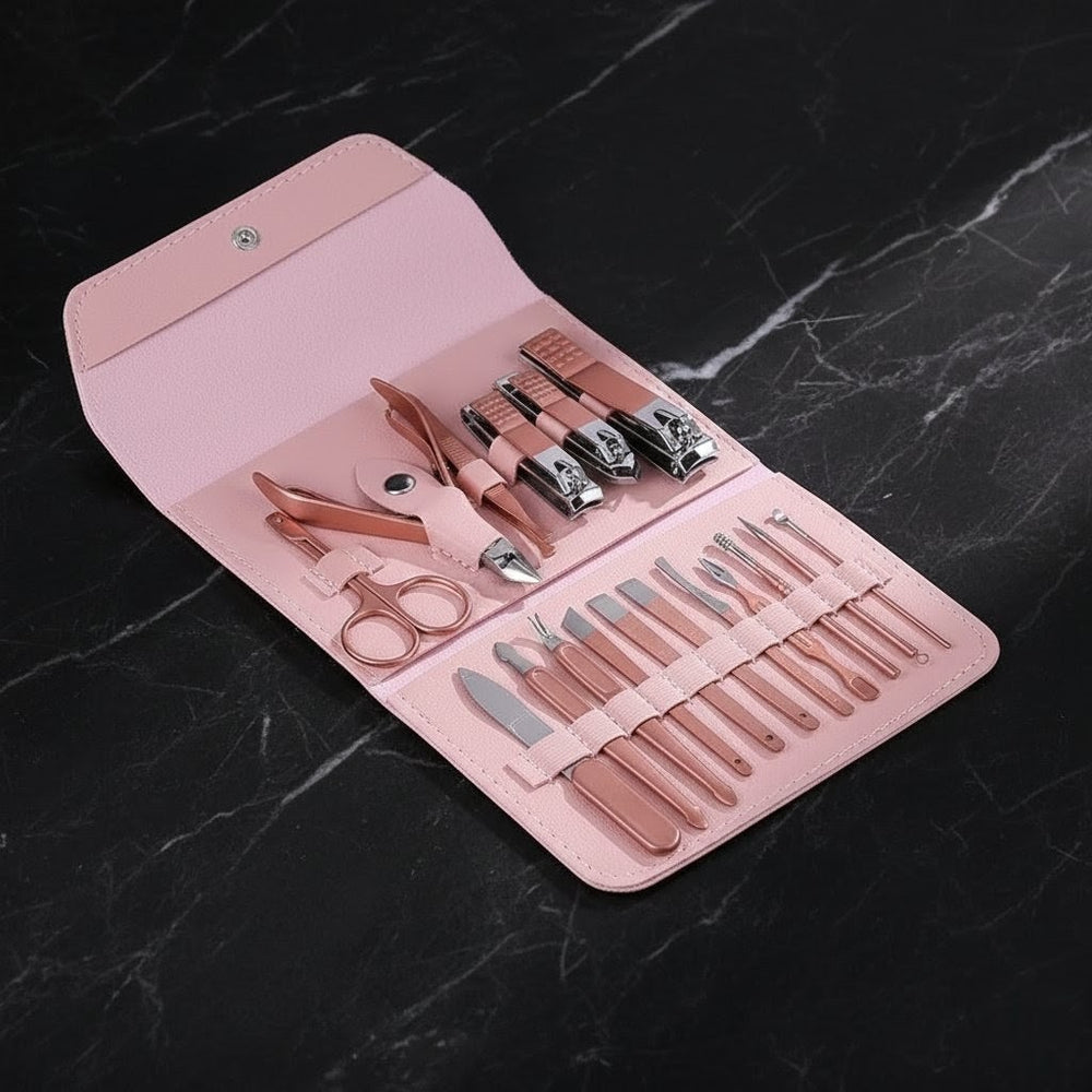 Manicure & Pedicure Kit – Premium 16-Piece Stainless Steel Nail Care Set for Hand, Foot & Facial Grooming | Travel-Friendly Leather Case