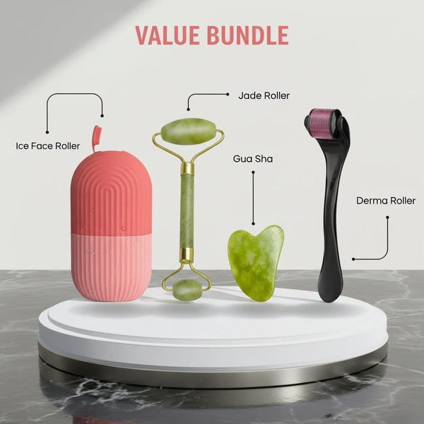 Combo Pack – Marble Jade Roller + Stone Marble Ice Roller + Derma Roller | Facial Massage & Skin Care Relaxation – Pack of 3