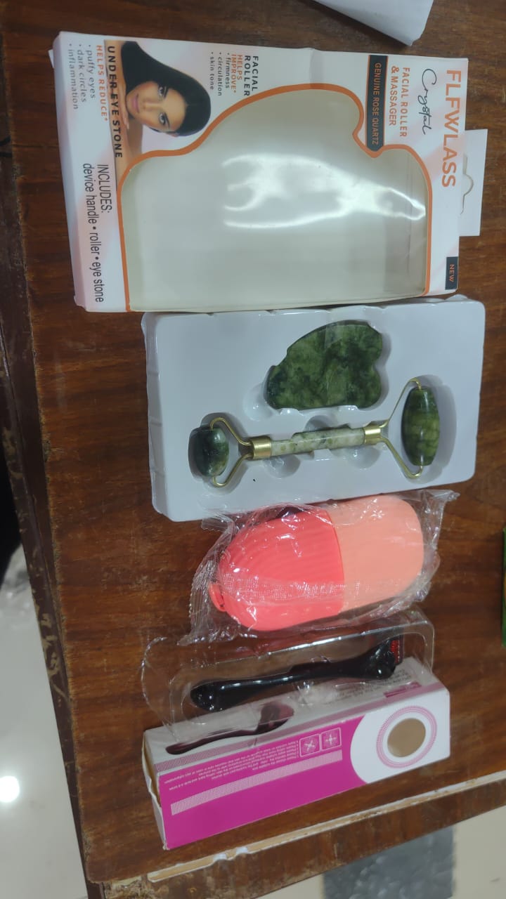 Combo Pack – Marble Jade Roller + Stone Marble Ice Roller + Derma Roller | Facial Massage & Skin Care Relaxation – Pack of 3