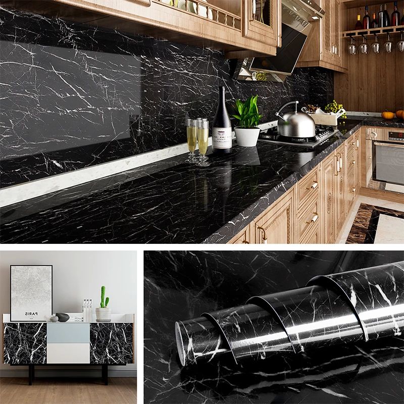 Self Adhesive Black Marble Sheet – 60cm x 2m Oil & Heat Resistant Kitchen Wallpaper