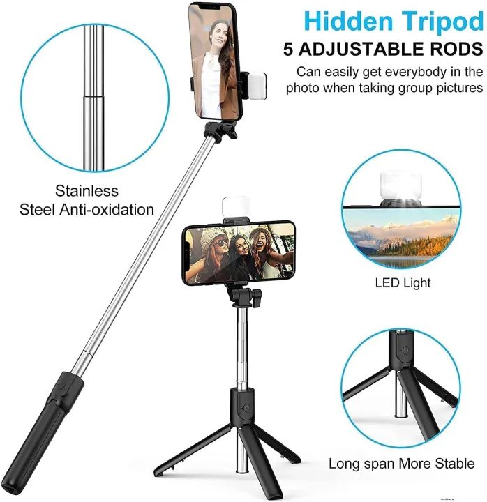 4‑in‑1 Wireless Selfie Stick with Fill Light, Tripod & Bluetooth Shutter – Foldable, Extendable Selfie Stick
