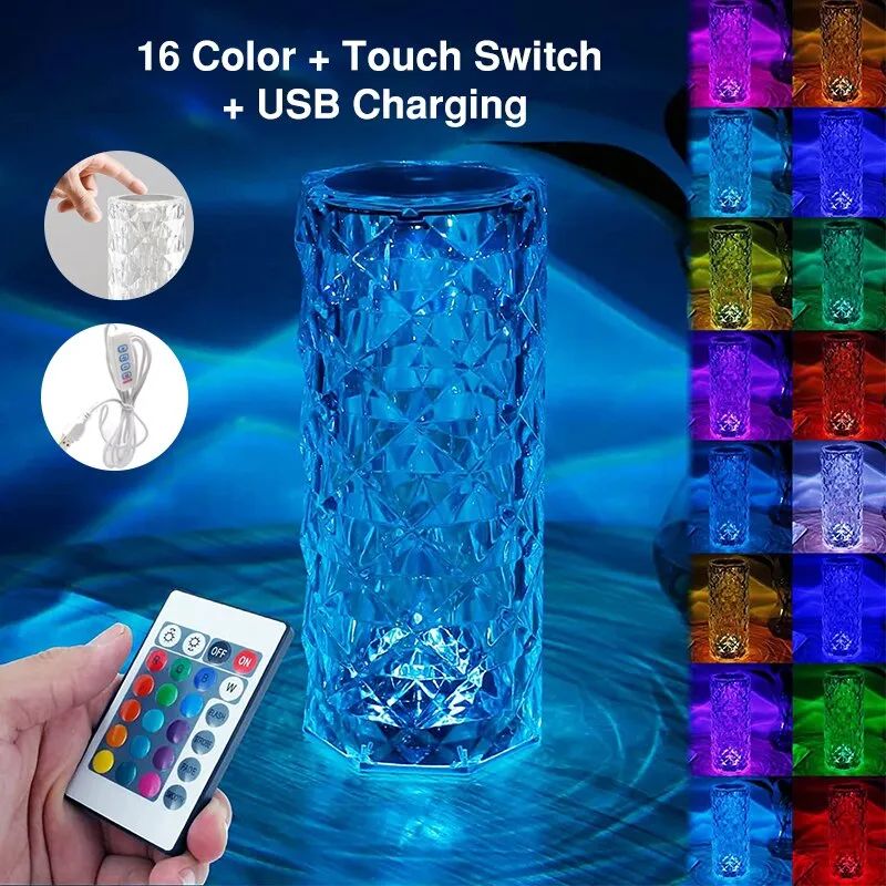 16-Color USB Rechargeable LED Crystal Lamp – Touch Control Bedside & Room Decor Light