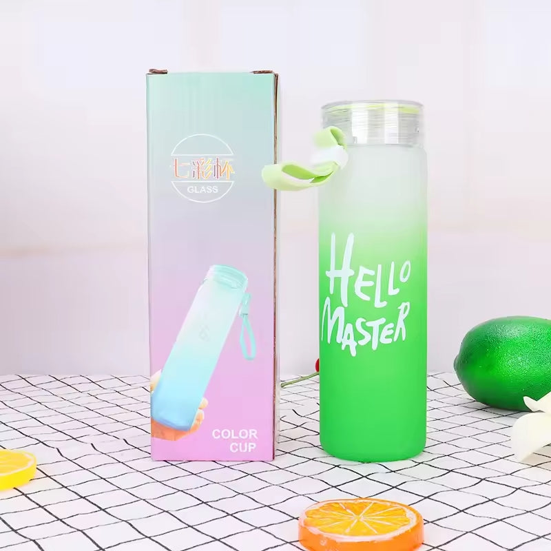 Frosted Glass Water Bottle 400ml – “Hello Master” Cute Portable Bottle with Leak-Proof Lid for Travel, Office & Gym