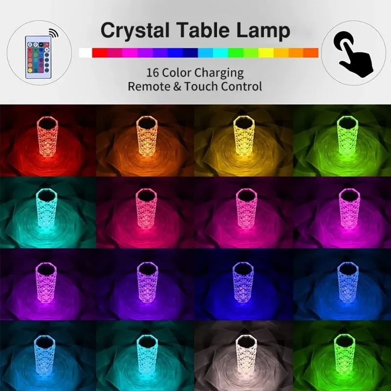 16-Color USB Rechargeable LED Crystal Lamp – Touch Control Bedside & Room Decor Light