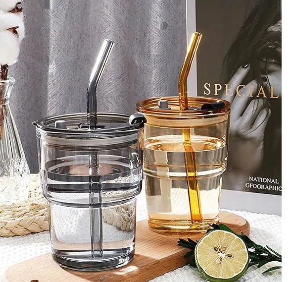Juice Cup with Straw – 450ml Glass Material Drinking Cup