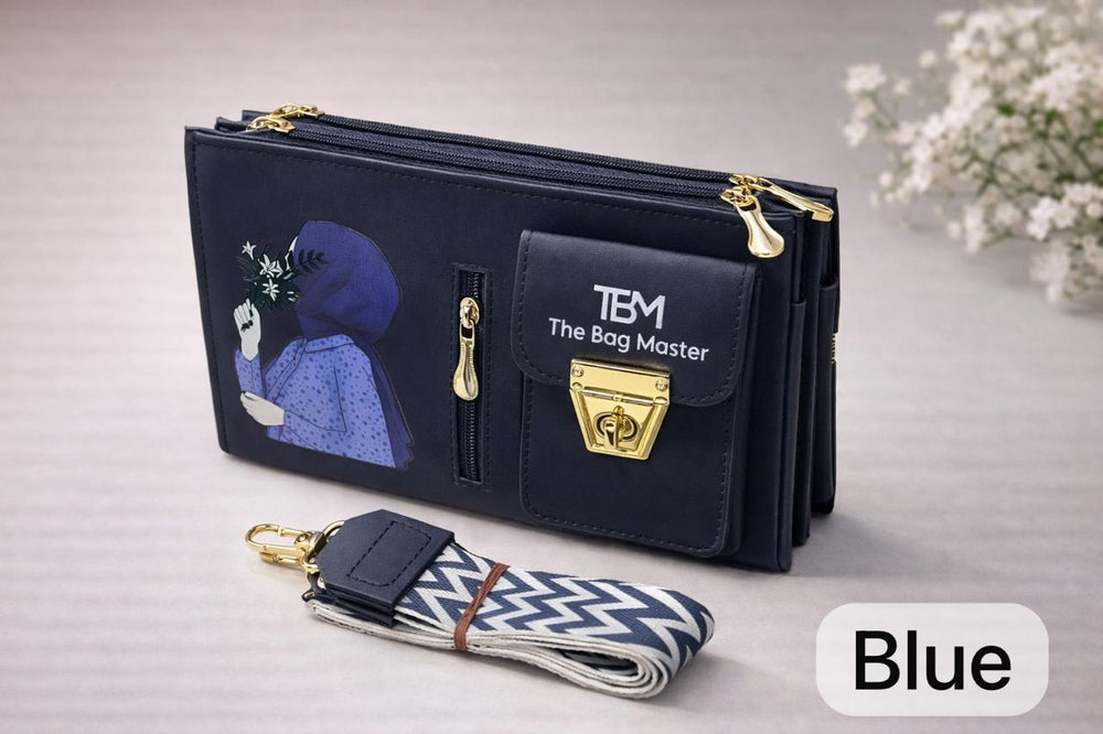 The Bag Master Signature Illustrated Multi-Compartment Crossbody Bag with Detachable Geometric Patterned Strap (contact on WhatsApp for colours)