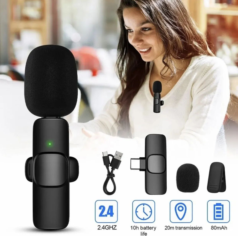 Wireless MIC K8 Microphone – Vlogging Mic with Accessories for Type‑C, Lightning & 3.5 mm Jack Devices