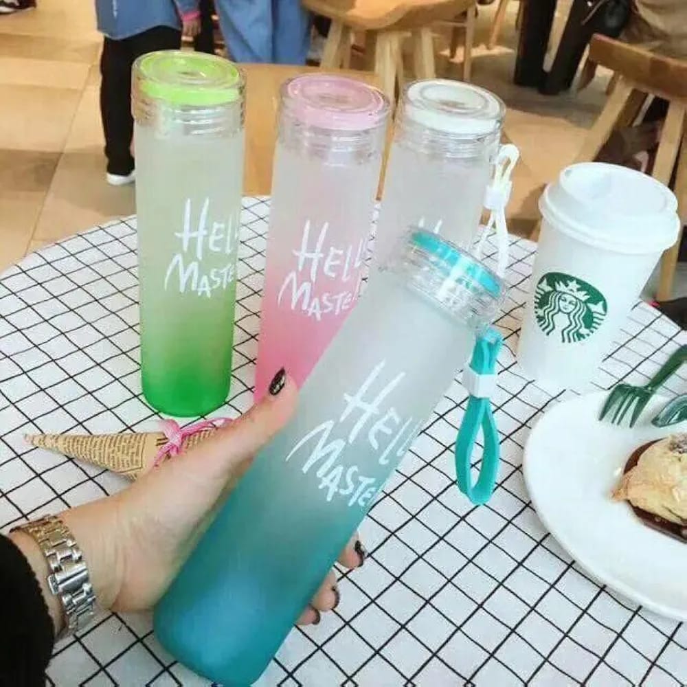 Frosted Glass Water Bottle 400ml – “Hello Master” Cute Portable Bottle with Leak-Proof Lid for Travel, Office & Gym