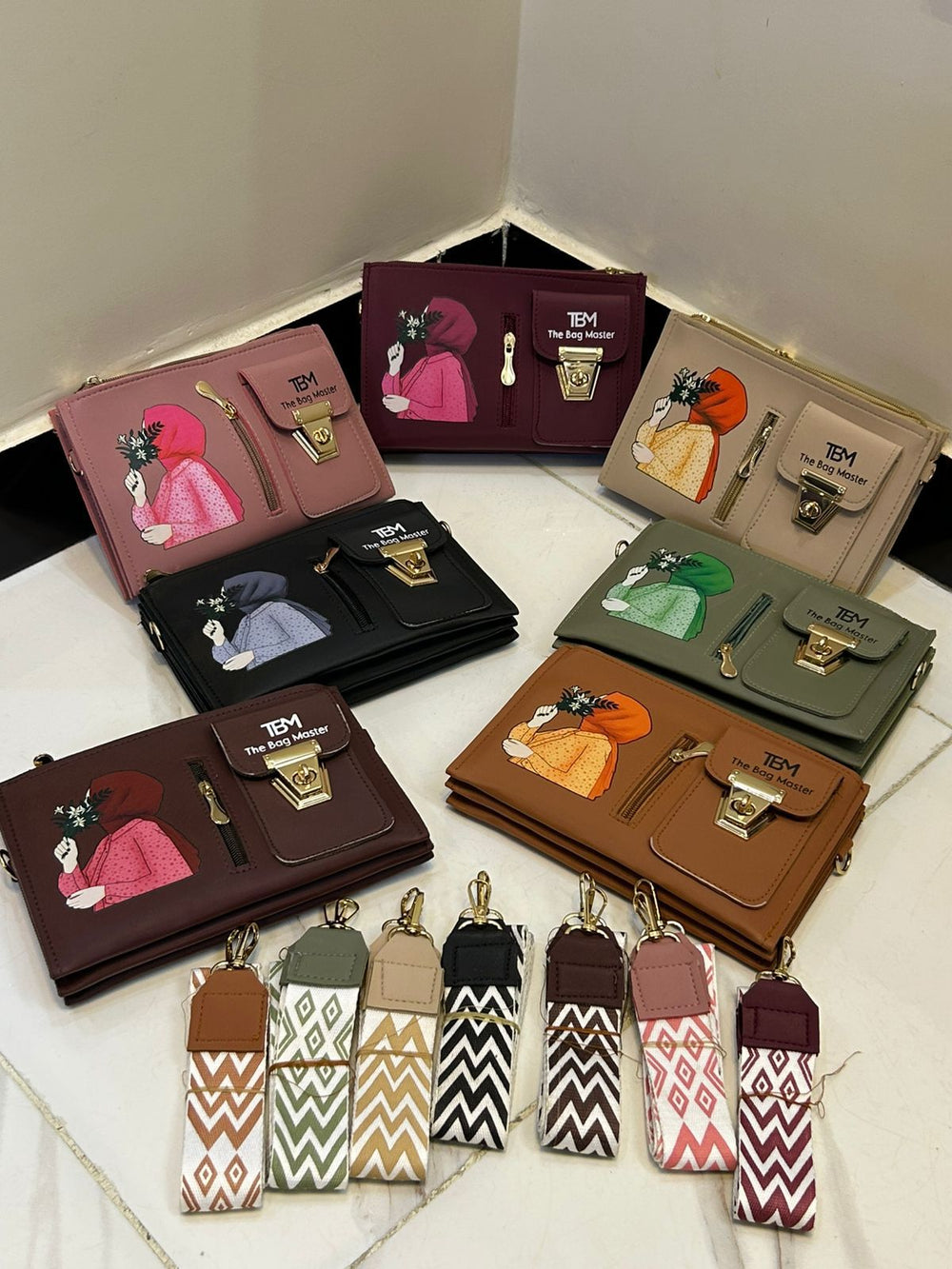 The Bag Master Signature Illustrated Multi-Compartment Crossbody Bag with Detachable Geometric Patterned Strap (contact on WhatsApp for colours)